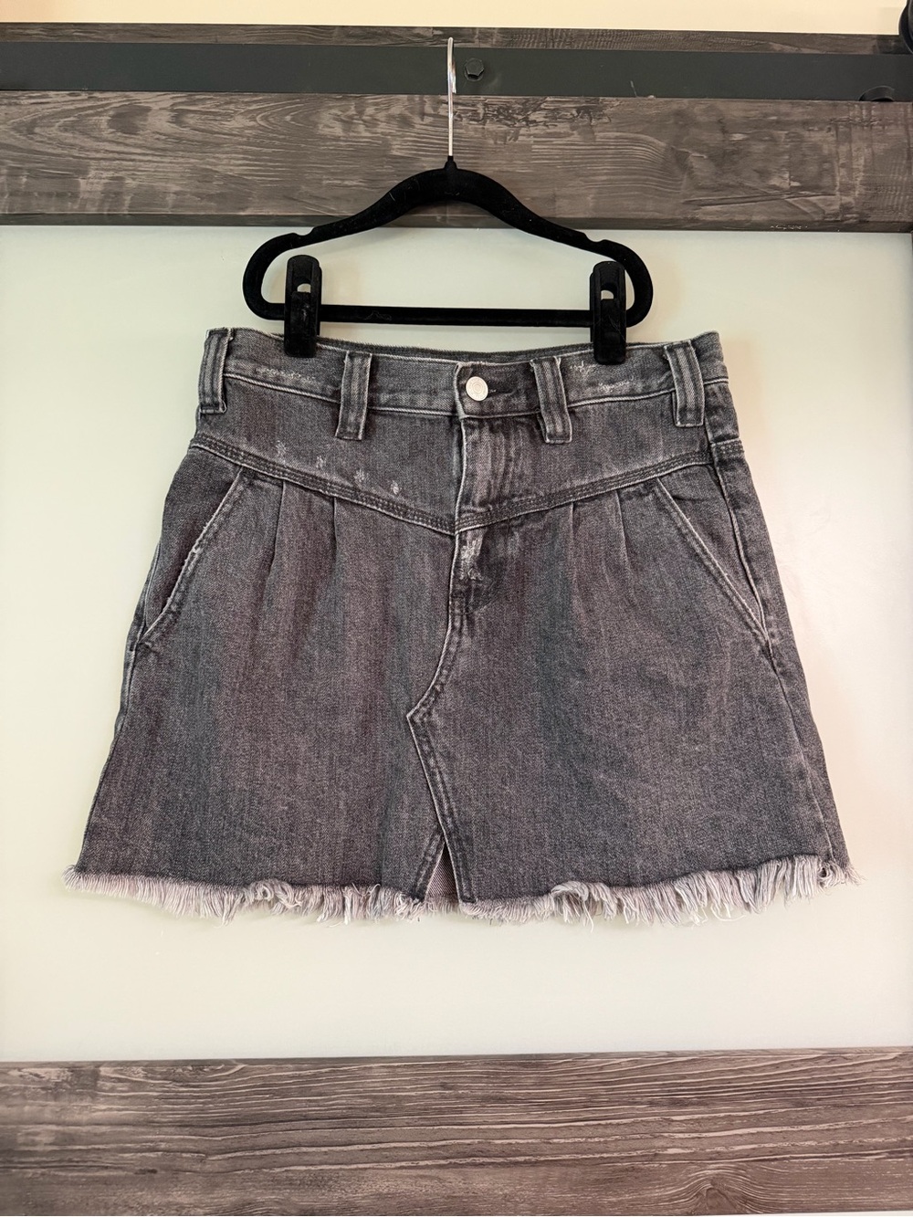 We The Free Washed Gray Denim Skirt with Frayed Hem
